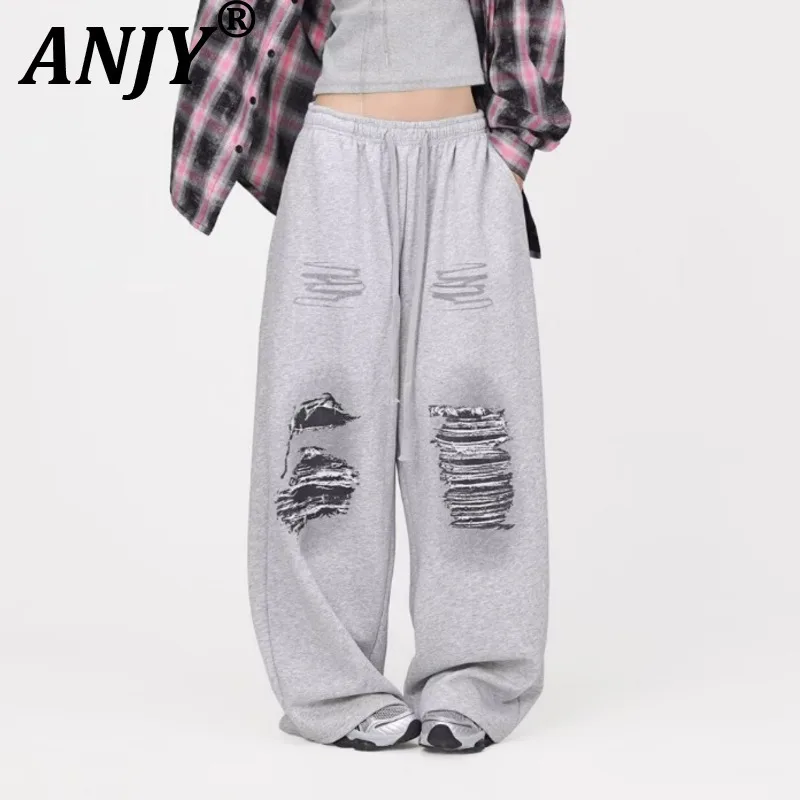

ANJY Новые женские брюки весна-осень в американском стиле, повседневные, с принтом, на шнурке, с эластичным поясом, свободные, прямого кроя
