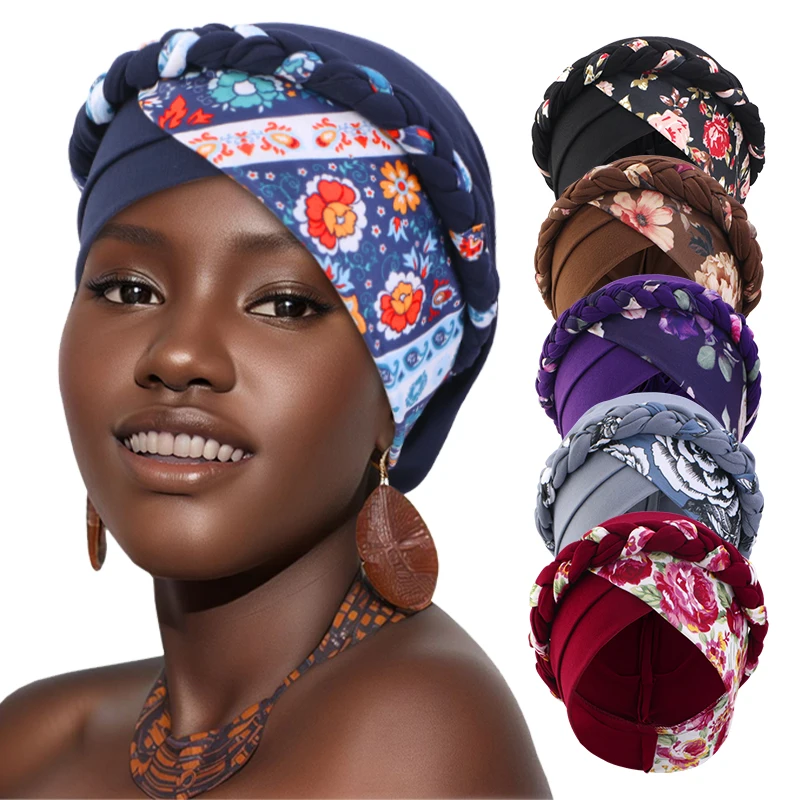 

Новый плетеный хиджаб с крестом на лбу, двойной цветочный принт, мусульманский тюрбан, шляпа, повязки на голову, предварительно завязанный эластичный платок на голову, шапочки, химиотерапевтическая шапка