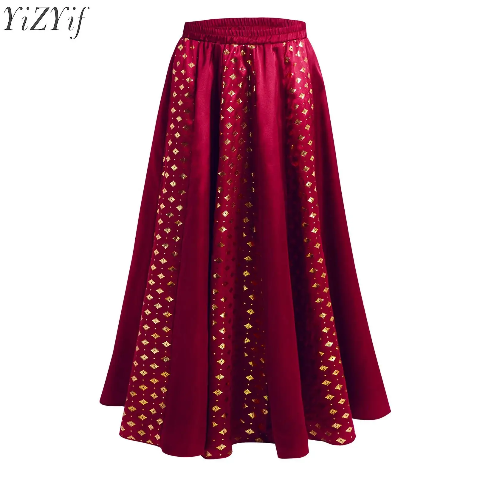Kids Girls Cosplay Maxi Skirt Indian Lehenga Metallic Floral Printed Satin Skirt for Halloween Role Play Themed Party Masquerade