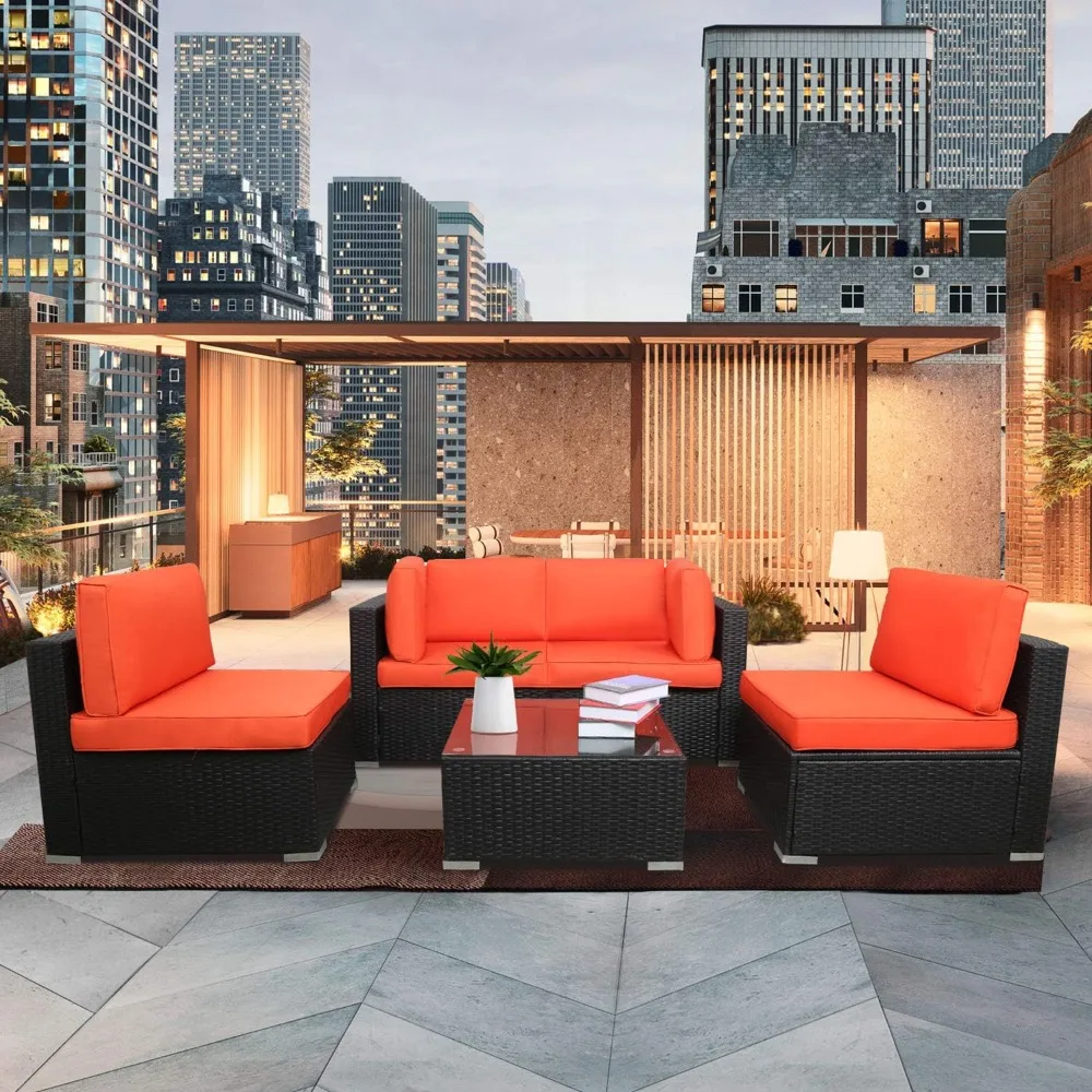 

5PCs Patio PE Rattan Sectional Sofa, Outdoor Wicker Furniture Sets with Washable Couch Cushions & Coffee Table (Orange)