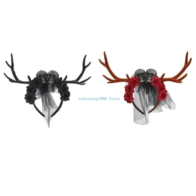 

85LF Deer Horn Headband Goth Flower Crowns For Women Gothic Skull Headband Halloween Antler Headband Day Of the Dead Headband