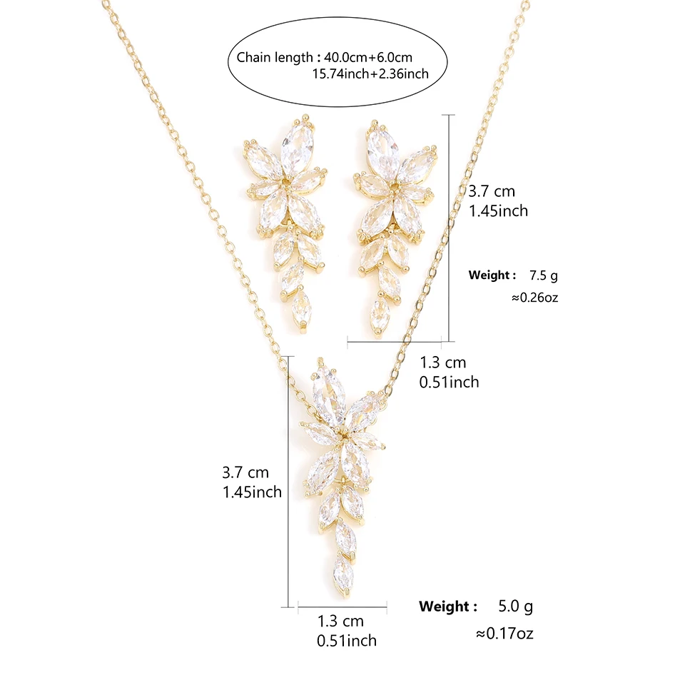 ZAKOL Fashion Cubic Zirconia Leaf Earrings Necklace Set for Women Elegant Sliver Color Bridal Wedding Party Jewelry Dress SP3064