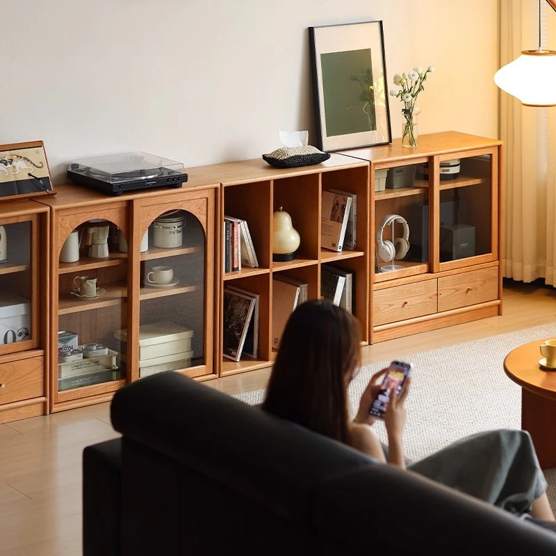 Solid wood short bookcase combination cherry wood storage retro glass figure display side cabinet