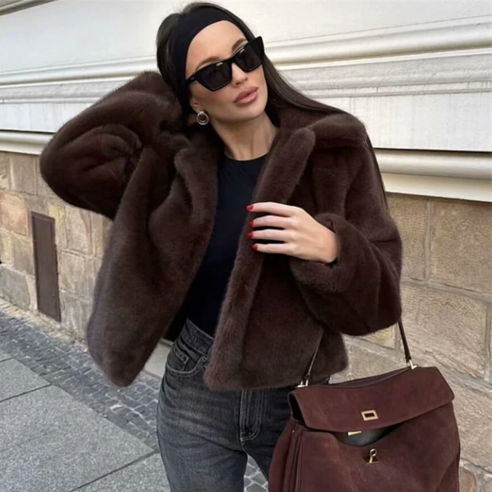Fashion Loose Women's Faux Fur Jacket Long Sleeve Soft Cropped Coat Female Autumn and Winter Artificial Fur Effect Streetwear