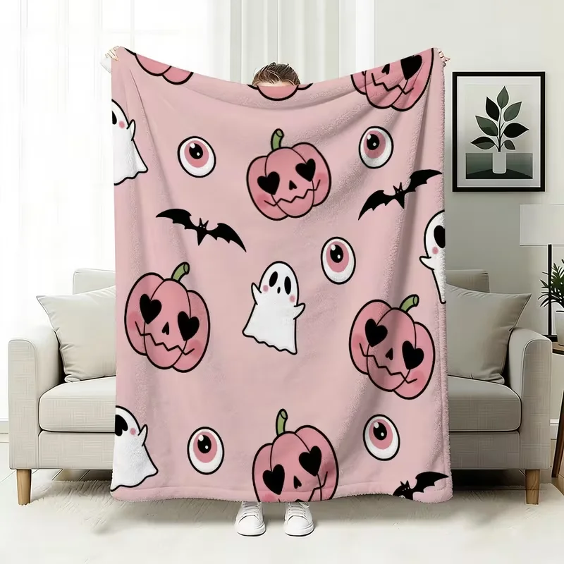 Cute Pink Halloween Pumpkin Ghost Eyeball Bat Print Blanket Kawaii Spooky Soft Warm Blanket All Season For Sofa Bedroom Decor