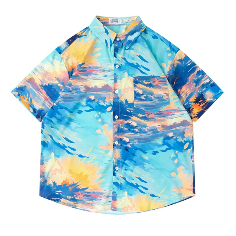 

Sunset Sky Blue Oil Paint Pattern Shirts Men Women Couples Beach Blouse Streetwear Fashion Y2K Tops Summer Loose Beach Clothing