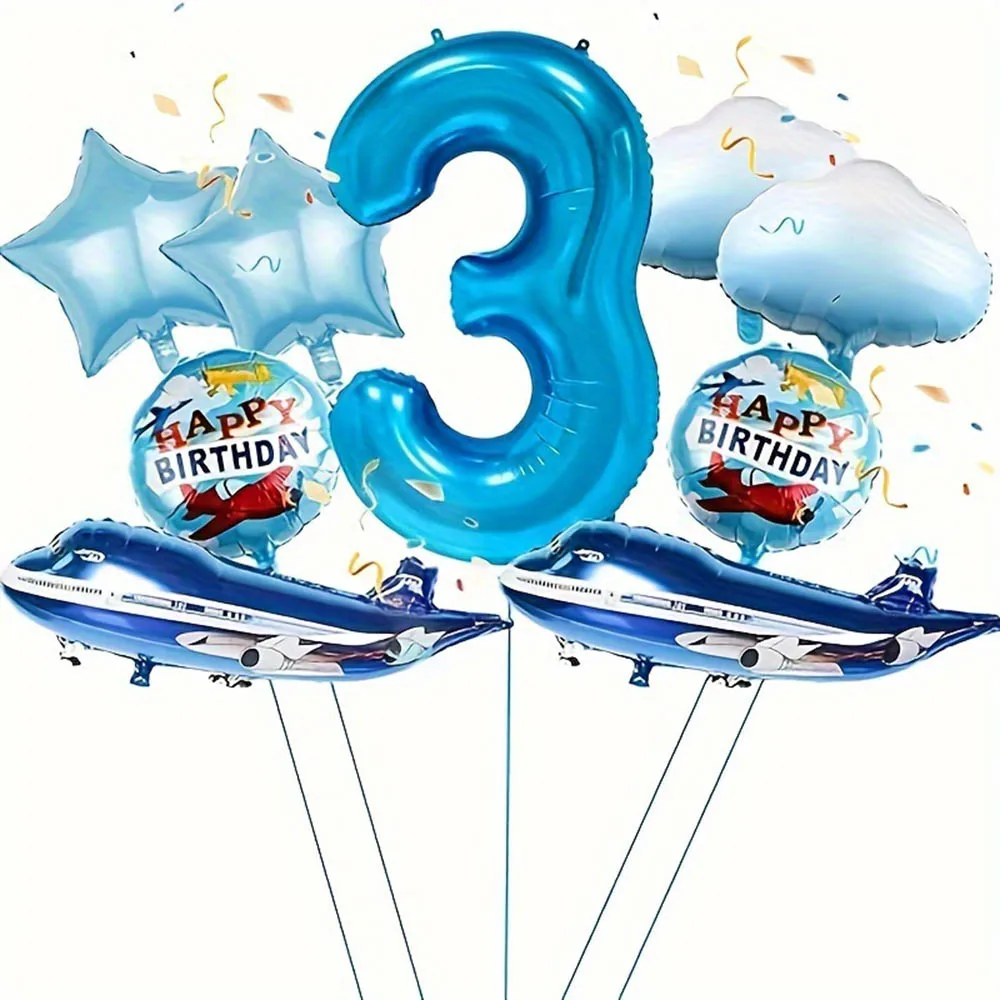 9pcs Airplane Balloon with 32 inch Blue digital 1-9 Number Foil Balloon Kids Pilot Theme Boys Aircraft Birthday Party Decoration - Image 4
