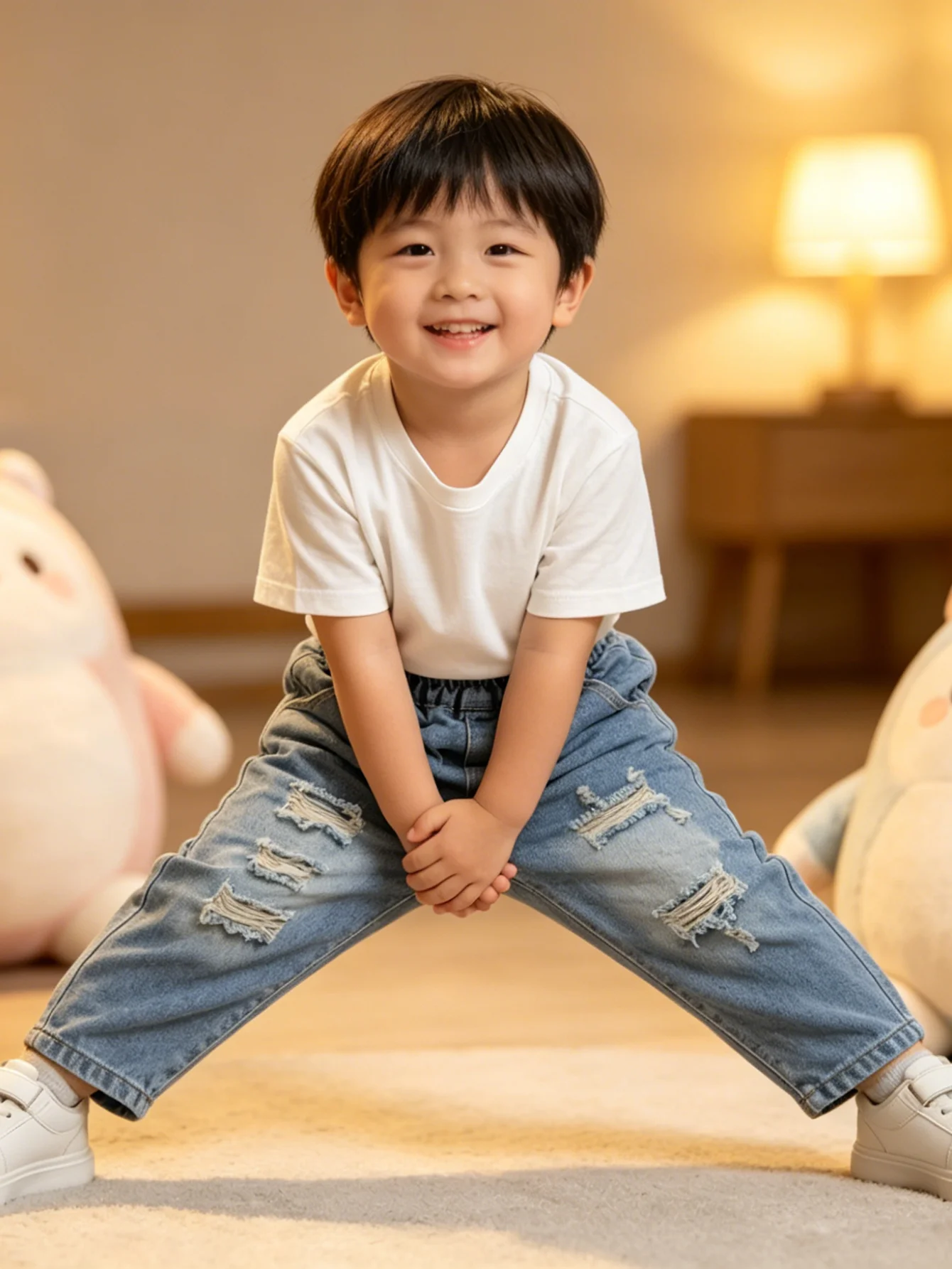 Vintage Light Wash Denim Pants For Boys, Distressed Frayed Hole Elastic Waist Jeans, Casual Loose Fit Streetwear Trousers