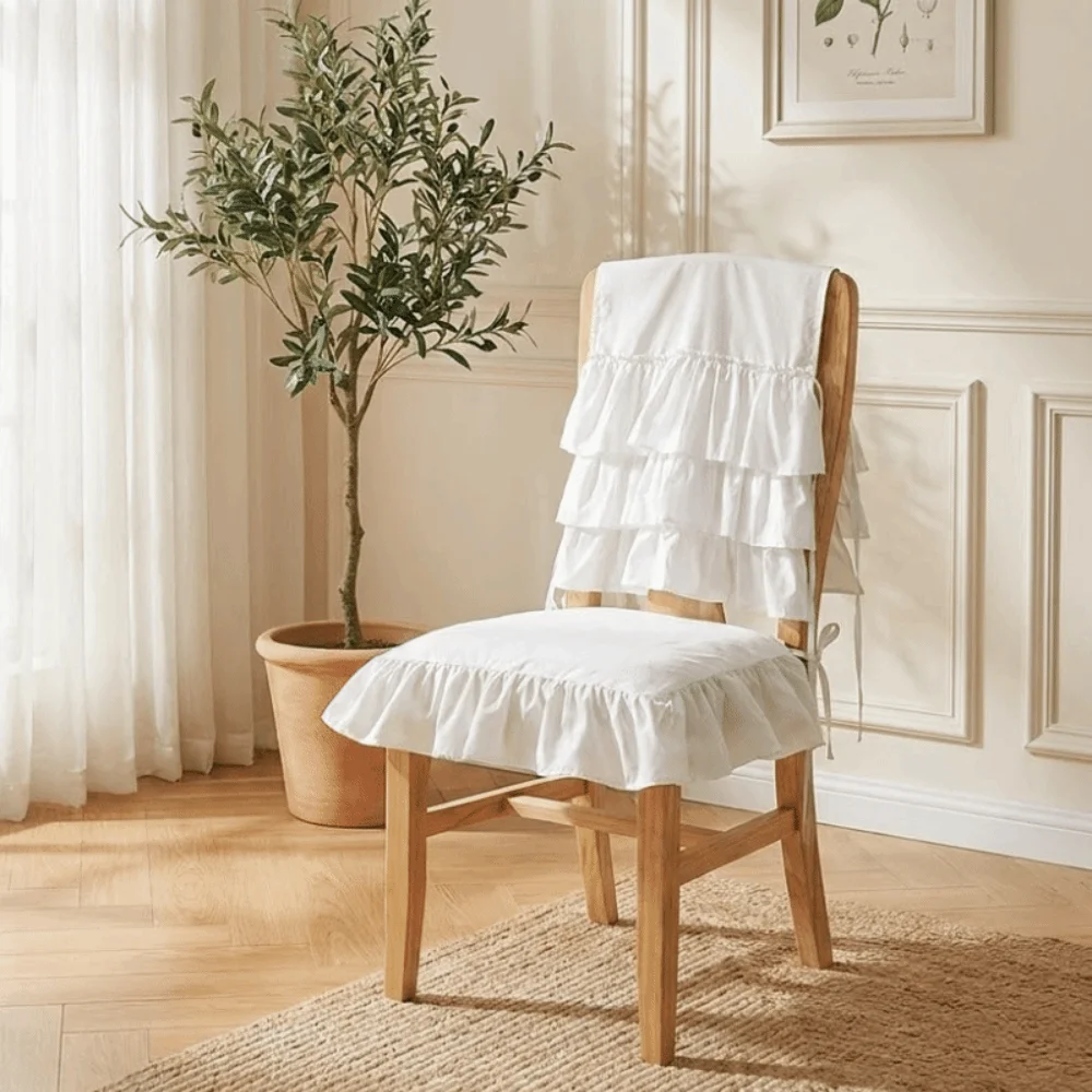 White French-Style Chair Cover Washable Strap Fixation Dining Chair Back Decor Comfortable Decorative Chair Backrest Cover