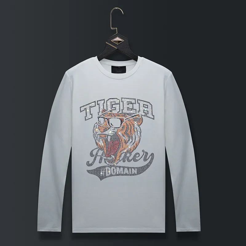 Plus Size Rhinestones Cartoon Tiger T Shirts Men Fashion Streetwear O Neck Long Sleeve Slim Modal Cotton Tshirts Mens Clothing