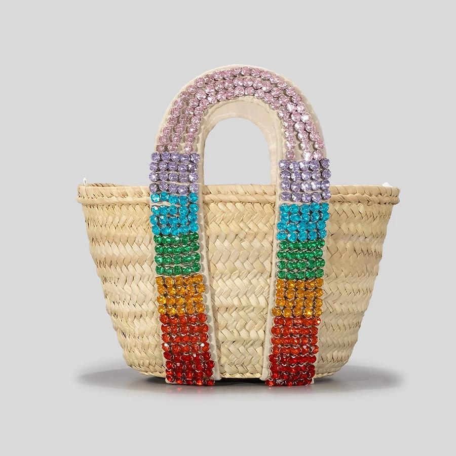 Fashion Rattan Small Tote Bag Designer Rhinestone Wicker Woven Women Handbags Handmade Woven Summer Beach Bag Bali Purses 2023