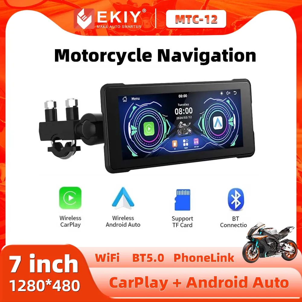 EVKEY 7.0inch Motorcycle Wireless Carplay GPS Navi Android Auto Front Rear Dual Bluetooth Camera Recorder