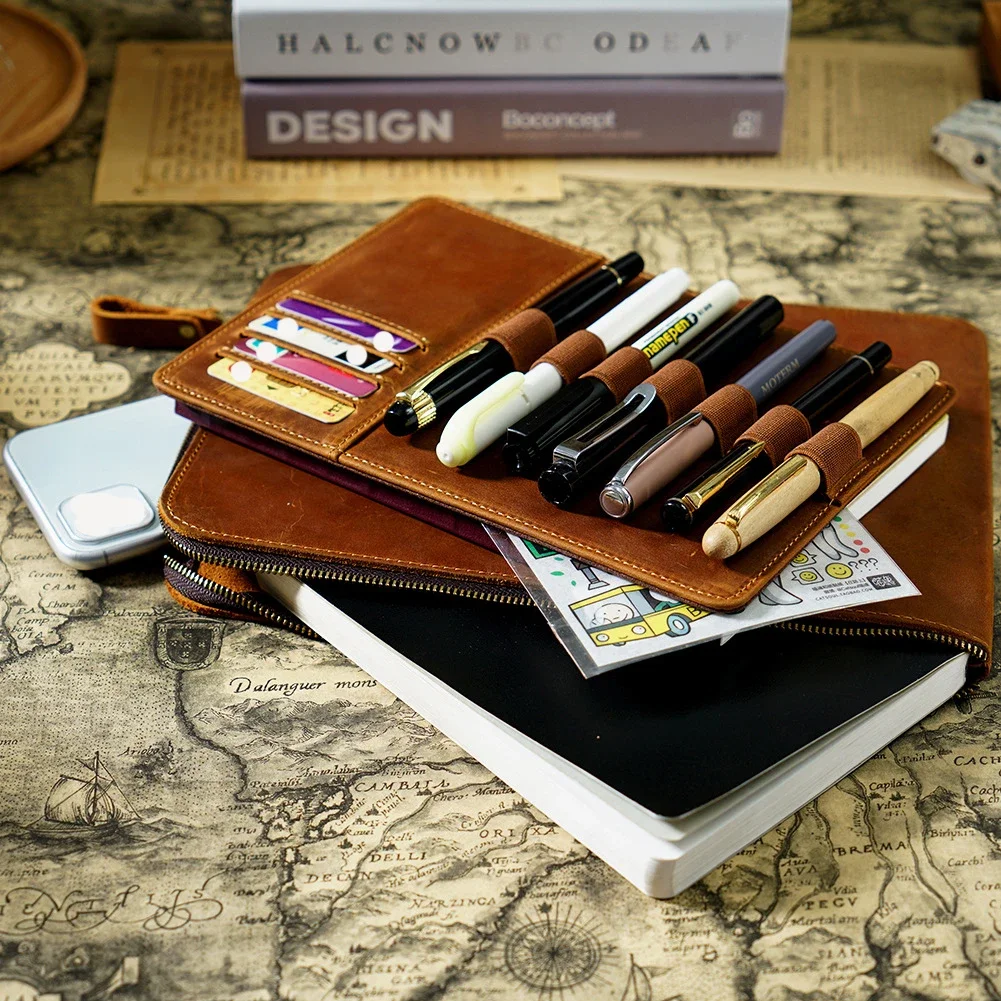 One-piece Zipper Pen Case Retro Pen Case Multiple Pen Slots Large-capacity Bag Cowhide Removable Pencil Clutch Bag