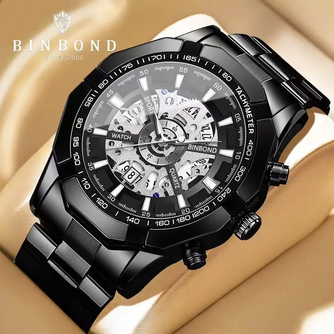 BINBOND 033 패션 레저 중공 비 기계 비즈니스 석영 남자 시계 방수 럭셔리 중공 디자인 클래식 남자 시계