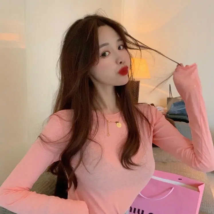 Slim Fit Long Sleeve round Neck Modal Base Shirt Fashionable Simple Design Tight Bodycon Style Korean Commute Style T-Shirt