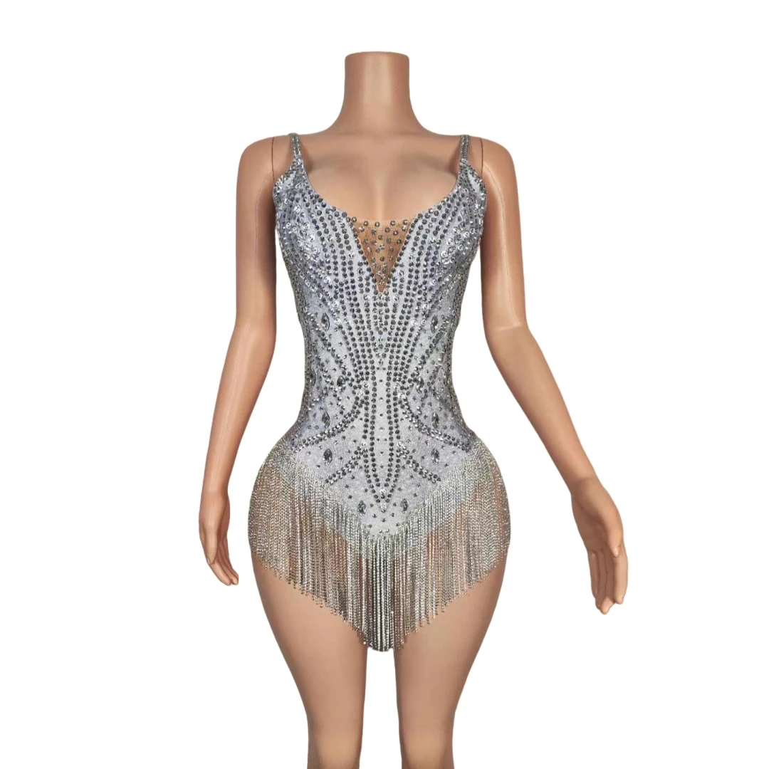 

Backless Full Rhinestone Luxury Fringe Sleeveless Bodysuits For Women Sexy Birthday Night Party Club Wear Pageant Drag Queen