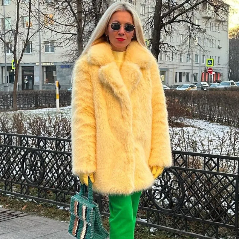 معطف نسائي أنيق من الفرو الصناعي من Tuularose دافئ منفوش فضفاض بأكمام طويلة وطية صدر السترة موضة خريف وشتاء ملابس خارجية للسيدات في الشارع العالي