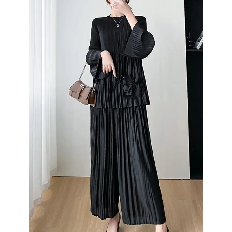 YUDX Miyake Pleated 2 Pieces Set Women Beading Full Flare Sleeve Loose 3D Flowers Top + Wide Leg Trousers New 2024 Spring