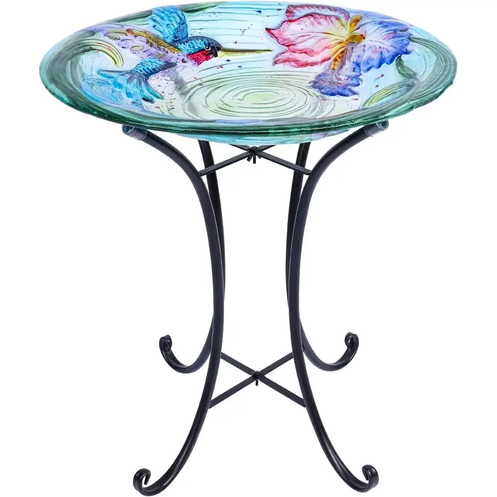 Outdoor Glass Birdbath with Metal Stand | Large Bird Baths Bowl with Metal Stand for Outdoor, Stained Glass Bird Baths and Bird