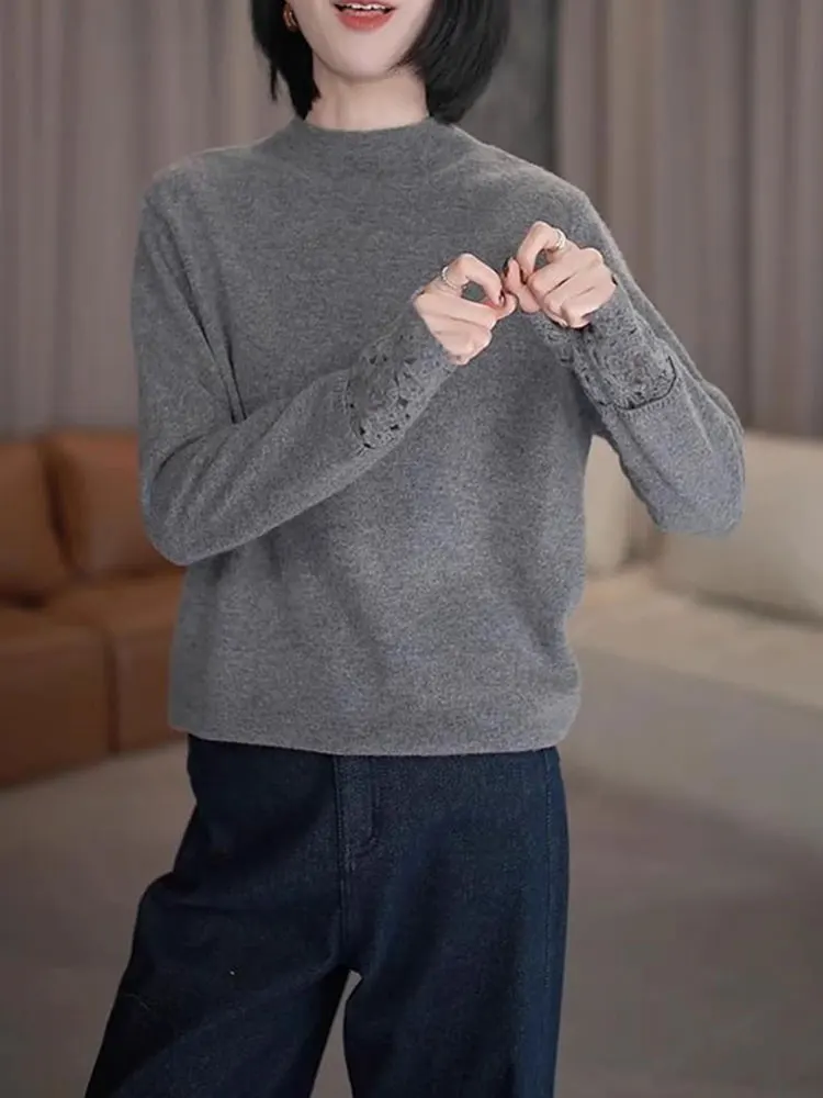 

Comfortable Hollow out Sve Ne Overhead Pure Color Base irt Korean Sle Commute Design Sense Autumn New Arrival Women'...