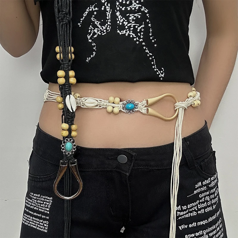 حزام منسوج يدويًا على الطراز العرقي العتيق للنساء، سلسلة خصر مزخرفة، حزام بوهيمي Y2K متعدد الاستخدامات