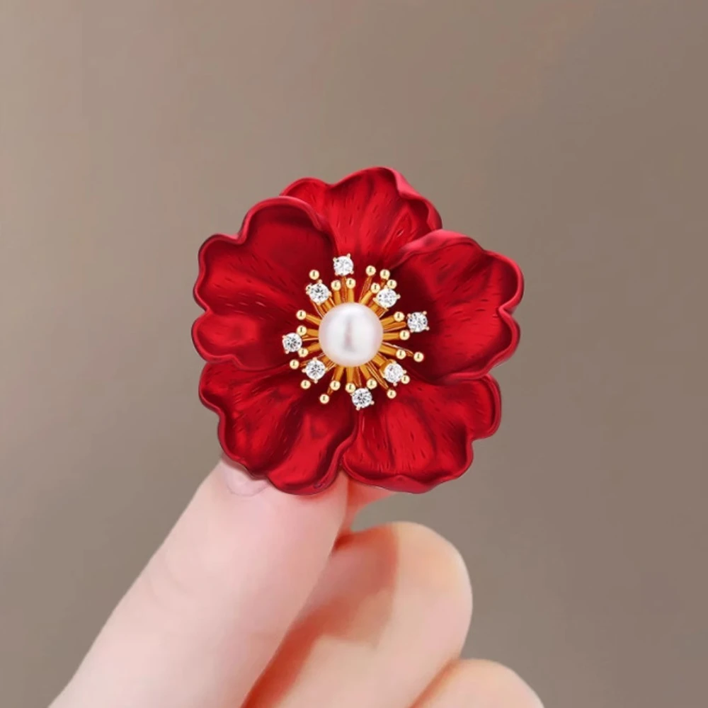 Charm Temperament Stereo Simulation Pearl Zircon Rose Red Peony Flowers Brooch for Women Collar Clothes Accessory Jewelry Gifts