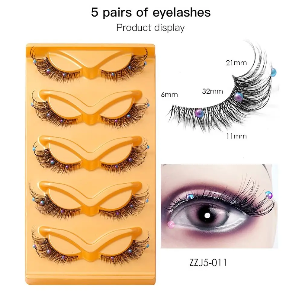 5 Pairs Portable With Diamond Eye Lashes Natural Fluffy Soft Curly Faux Mink Fake Lashes Transparent Stems Elongated Eyelashes