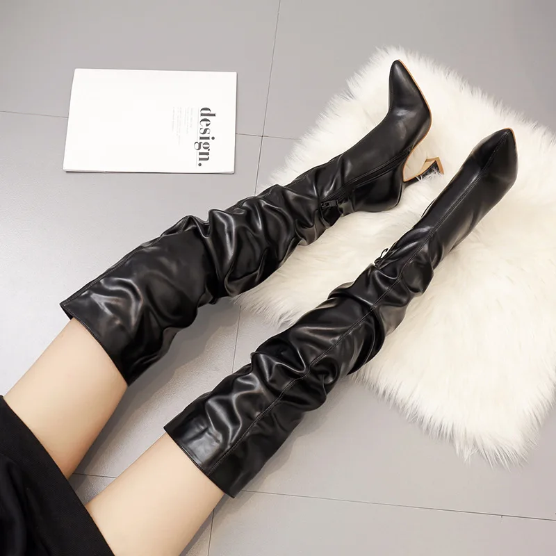 Winter Leather Boots Women Stiletto Pointed Toe White Heeled Knee Boots Wine Glass Heel Side zipper Thigh Gigh Booties