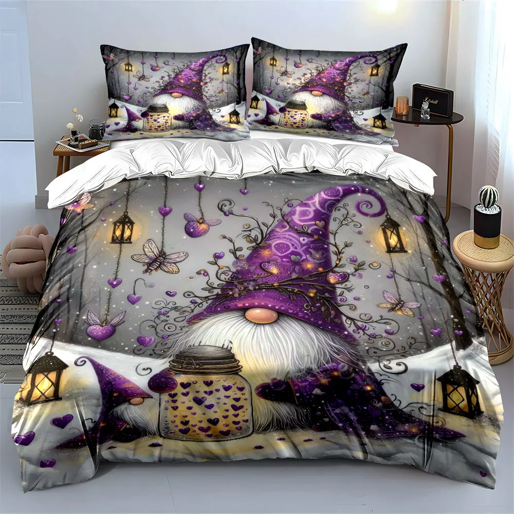 Magical purple gnome with lanterns on a snowy night Print Duvet Cover Bedding Set Included 1*Duvet Cover 2*Pillowcases