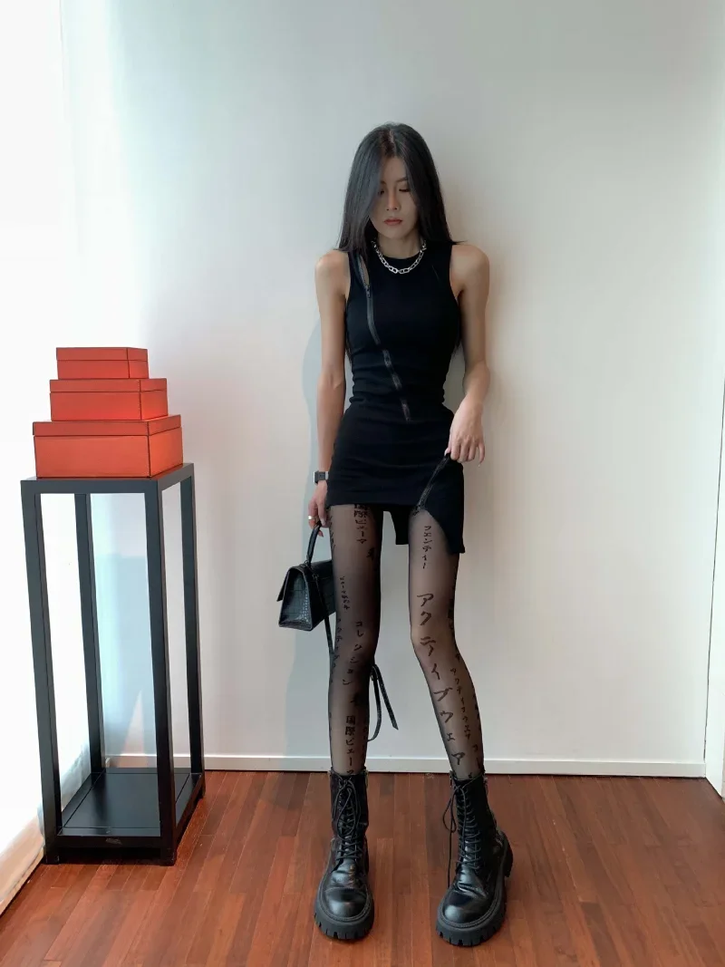 Dünne, Transparente Strumpfhose mit Tattoo-Muster für Damen, Sexy Japanische Kanji-Buchstaben-Druck Strumpfhose, Mädchen Persönliche Durchsichtige Strümpfe – Detail 17