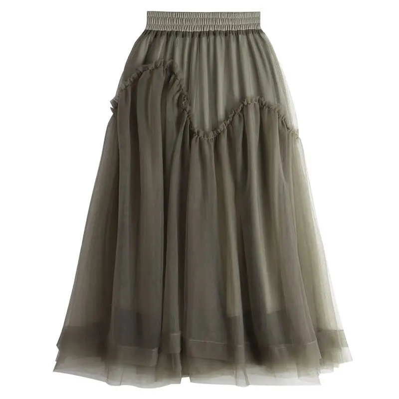 

Elegant Fashion Lace Mesh High Waist Solid Color Irregular Skirts High-End Temperament Vintage All-match A-line Skirt 2023