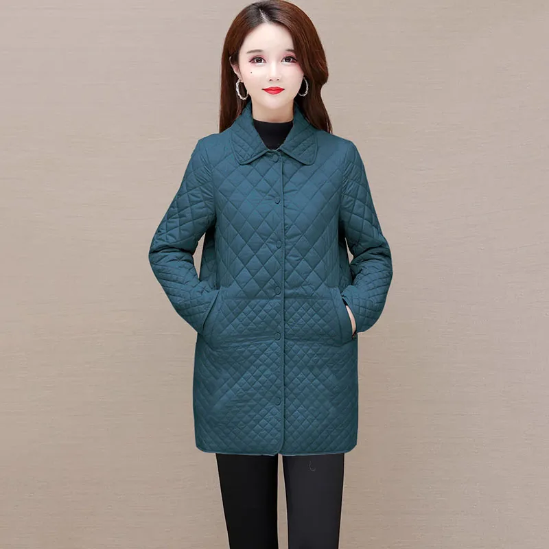 Women\'s Diamond Grid Quilted Coats, Oversized Female Coats, Korean Casual Thicken Warm Long Down Cotton Jackets, Autumn and Wint