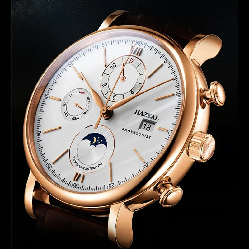 

HAZEAL Men's Automatic Mechanical Watch Luxury Switzerland Sapphire Crystal Waterproof Multi-function Moon Phase Clock 686005