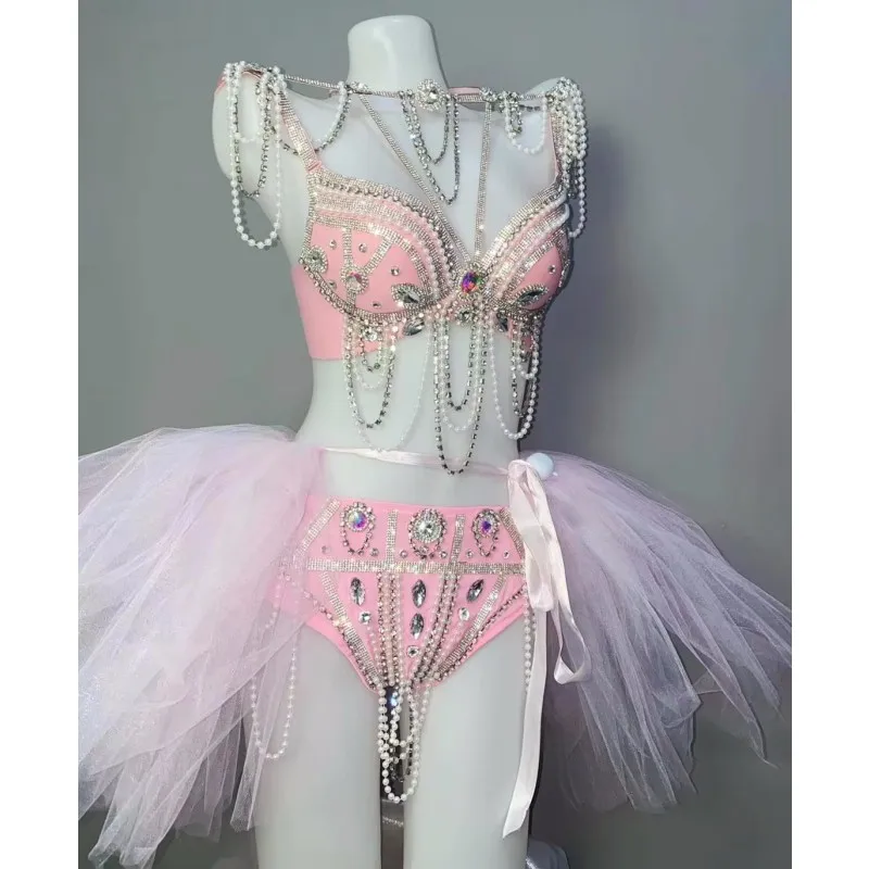 

Luxury Pink Rhinestone Beading Bikini Gauze Skirt Outfit Nightclub Bar Costume Singer Dancer Club Birthday Party Rave Stage Wear