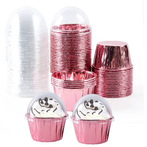 25/50pcs Foil Cupcake Liners Heat Resistant Aluminum Cake Cups Round Baking Cups with Lids Kitchen Wedding birthday Party Supply