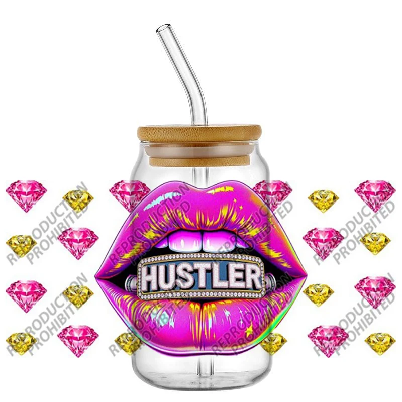 Glam Hustler Money Lips Pattern UV DTF Stickers For 16oz Glass Can Cup Mug Car DIY Decals Trendy Transfer Wrap Gift