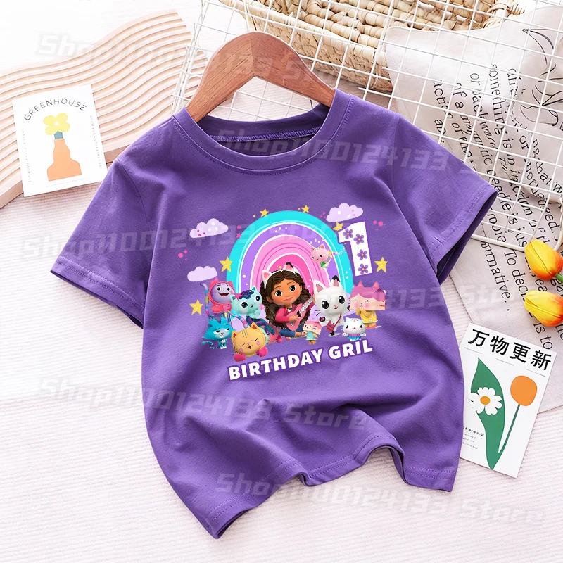 

Dollhouses Gabbyed Purple T-shirt Kids Cute Birthday Number 1-10 Years Old Anime Print Girl Cotton Summer Clothes Top Streetwear