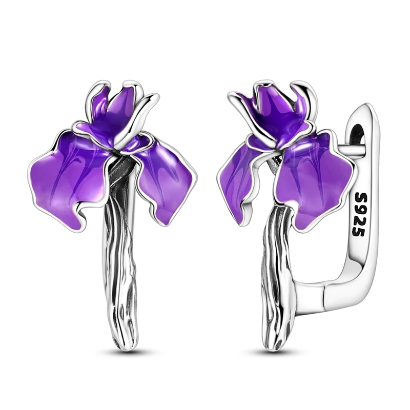 S925 Sterling Silver Purple Enamel Iris Flower Huggie Hoop Earrings Floral Plant Dangle Earring Noble Blessing Jewelry Gift