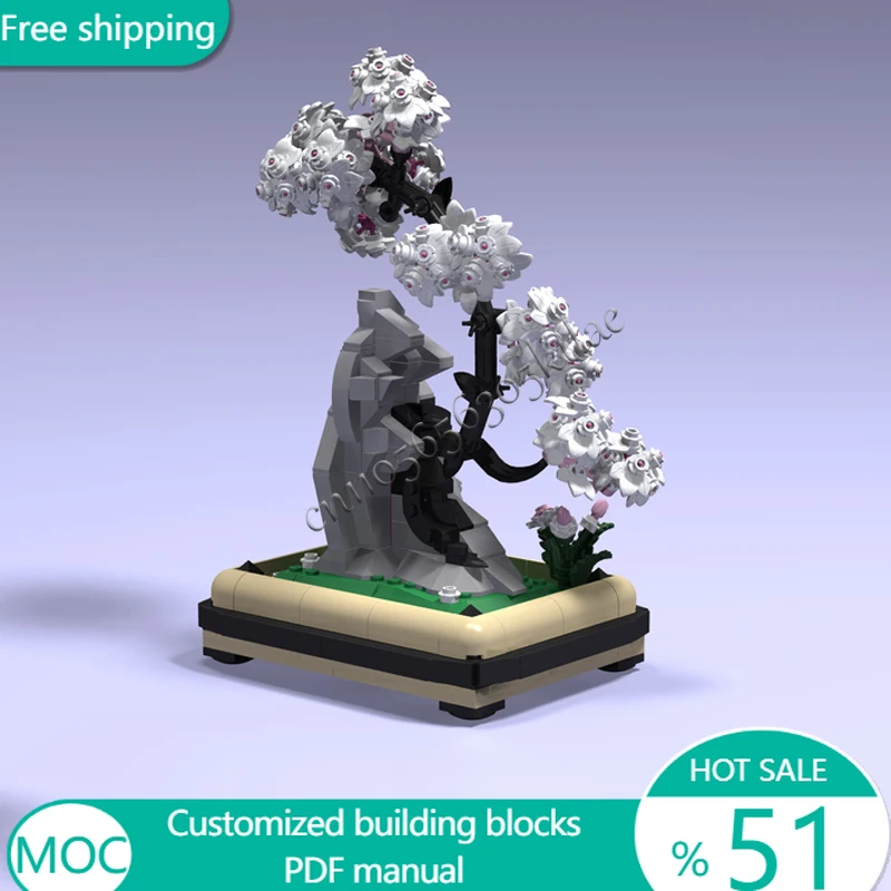 524 PCS Bonsai Sakura Black Bonsai On A Rock MOC Customize Modular Building Block Kids Simple Popular DIY Toy Birthday Gift