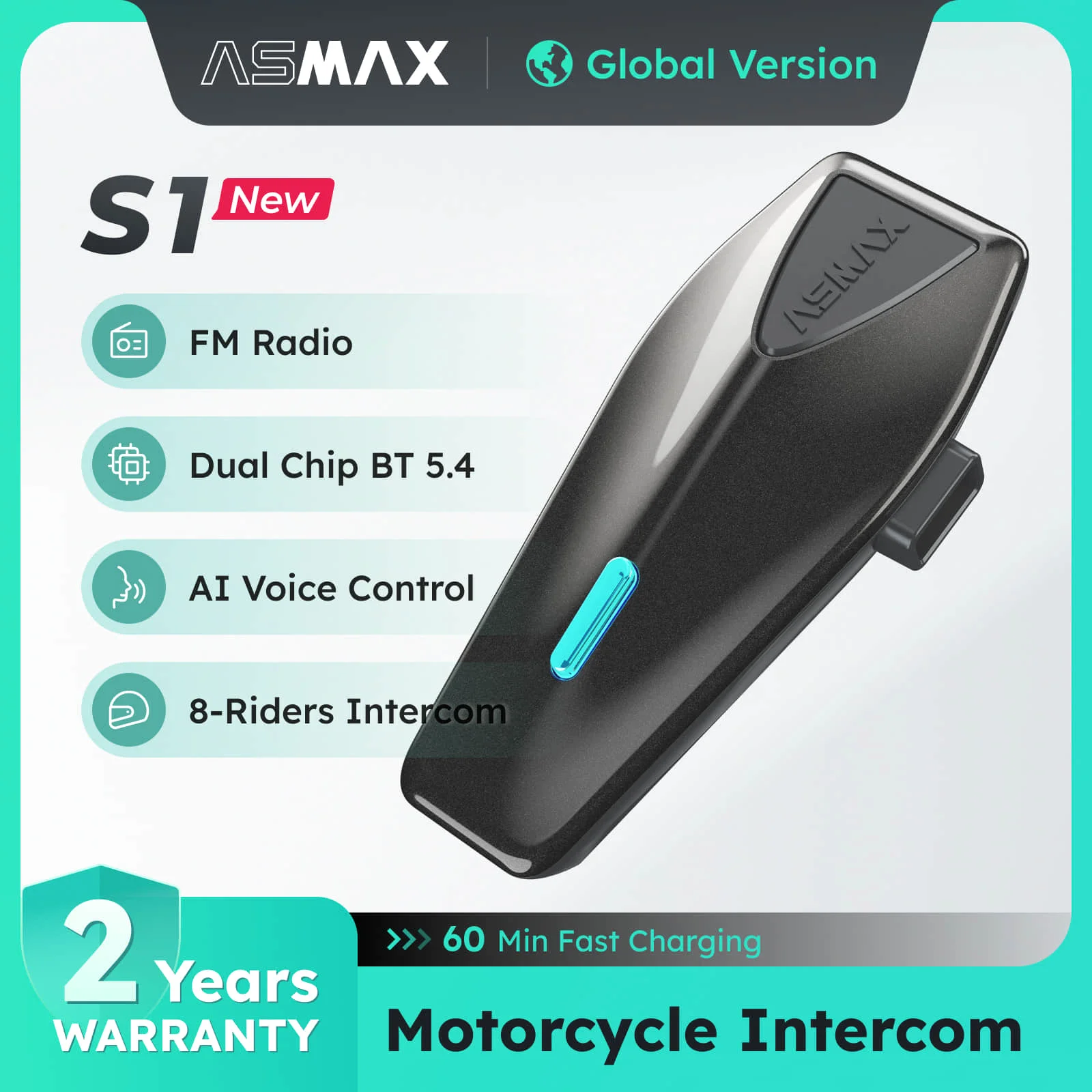ASMAX S1 Bluetooth Motorcycle Intercom, CloudTalk 50-Rider Cross-Brand Compatible, FM, ENC Mic, Voice Control, IPX7 Waterproof