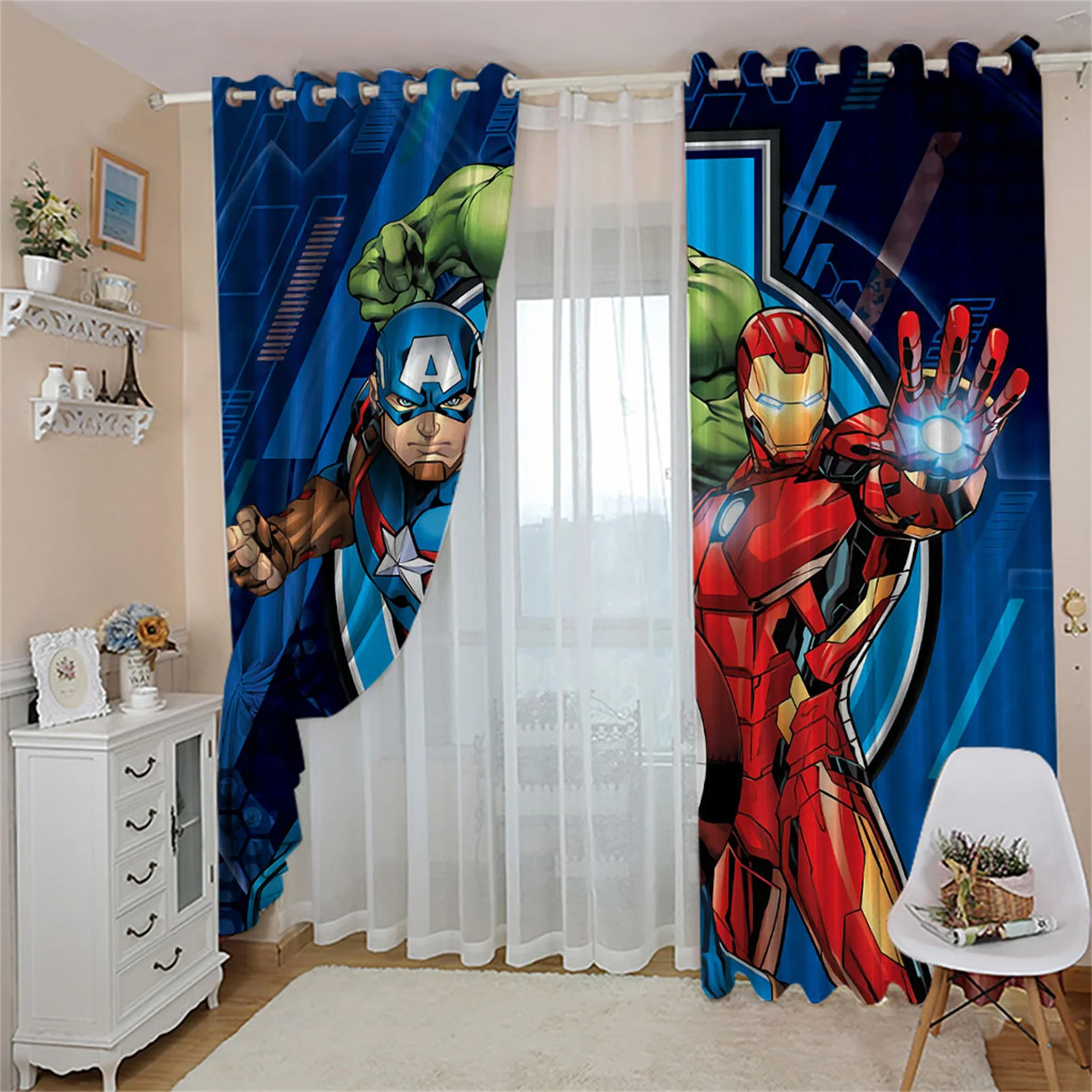 

The Avengers Anime Blackout Curtains Cartoon Cute Dustproof 100% Polyester Perforated Home Decor Curtains For Living Room