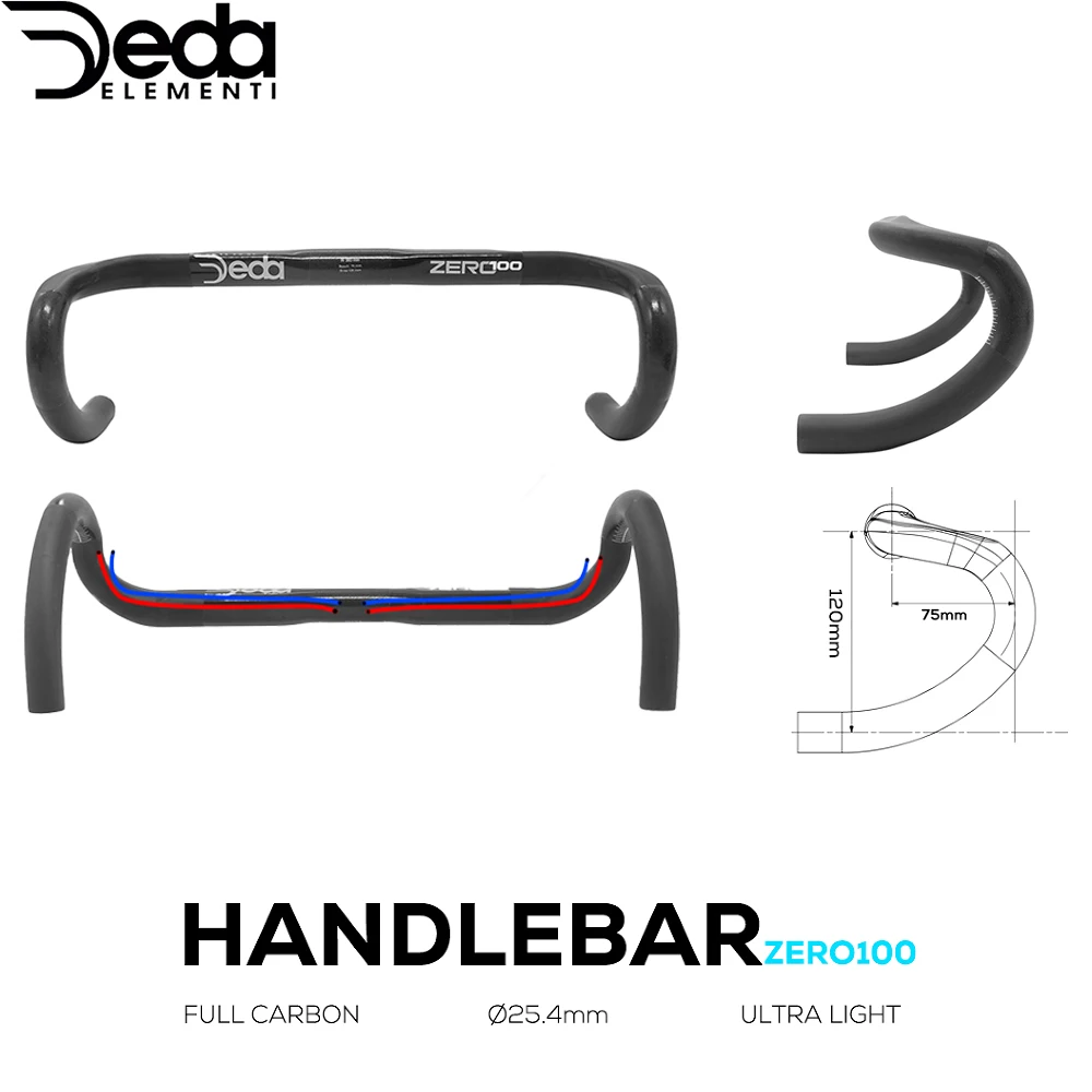 

DEDA Zero100 Road Bicycle Carbon Handlebar, 25.4MM Bent Bar (380/400/420/440mm), External Routing, Matte Black, Reinforced Parts