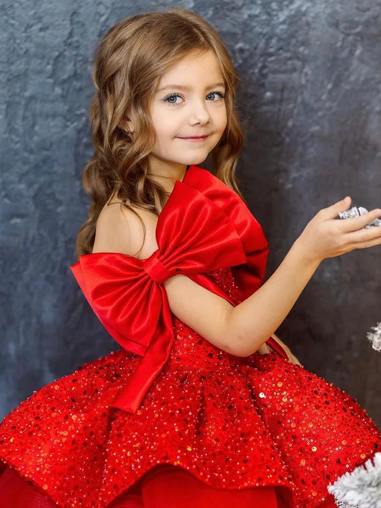 Girl\'s Big Bow Princess Dress 1-10 Years Old Fashion One Shoulder Sequin Fluffy Dress Carnival Birthday Party Performance Clothi