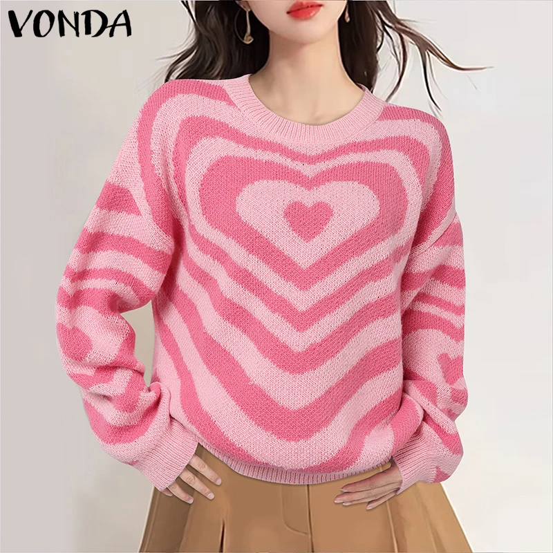 Vonda Vrouwen Gebreide Truien 2026 Mode Herfst Hart Print Tops Lange Mouw Truien Streetwear Ronde Hals Truien Truien