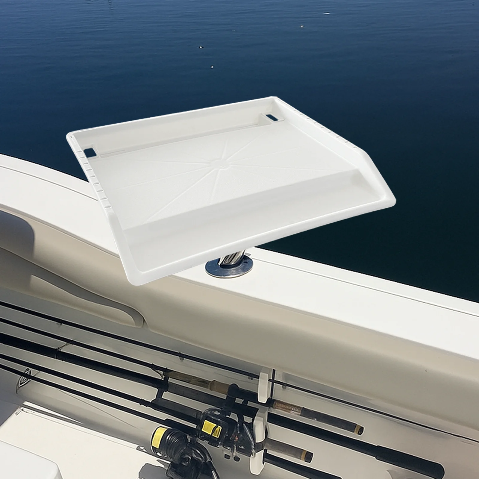 

Boat Fishing Bait Table Cutting Board with Ruler Scale, Adjustable Rod Holder Mount, Durable Marine Fillet Prep Tray