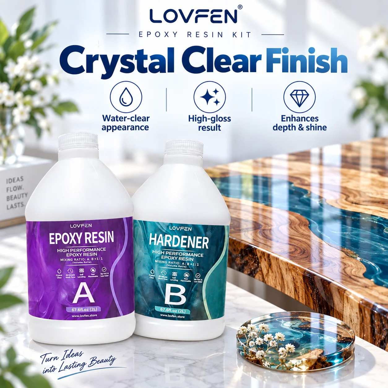 LOVFEN Epoxy Resin 4L Kit A B 1:1 Volume Ratio Crystal Clear Self Leveling Low Odor for Art Craft Jewelry Casting Mold