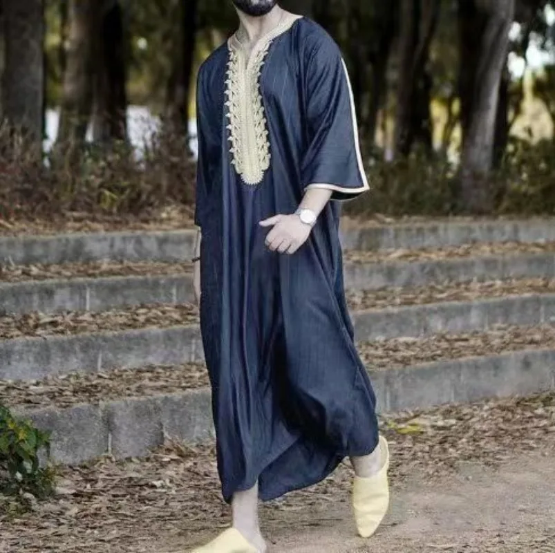 2024 roupas abaya masculinas muçulmanas marroquino bordado robe listrado mão bordado solto respirável jalaba abaya robe masculino