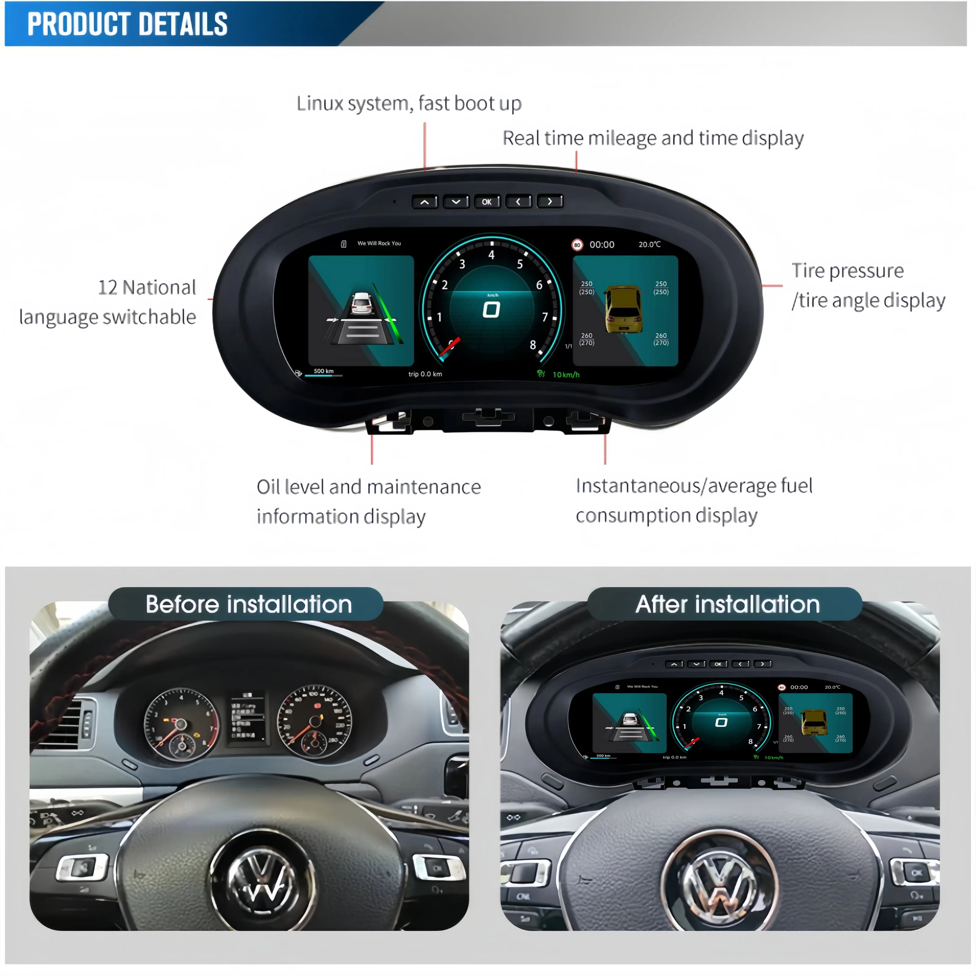 12.3 inch LCD Digital Cluster Instrument For VW Polo 2012 2013 2014 2015-2018 Carplay Speedometer Dashboard Meter Panel Cockpit