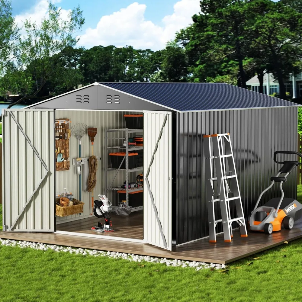 8' X 12' Outdoor Steel Storage Shed with Updated Frame Structure and Lockable Doors, Metal Shed Upgrade Height Ideal for Garden