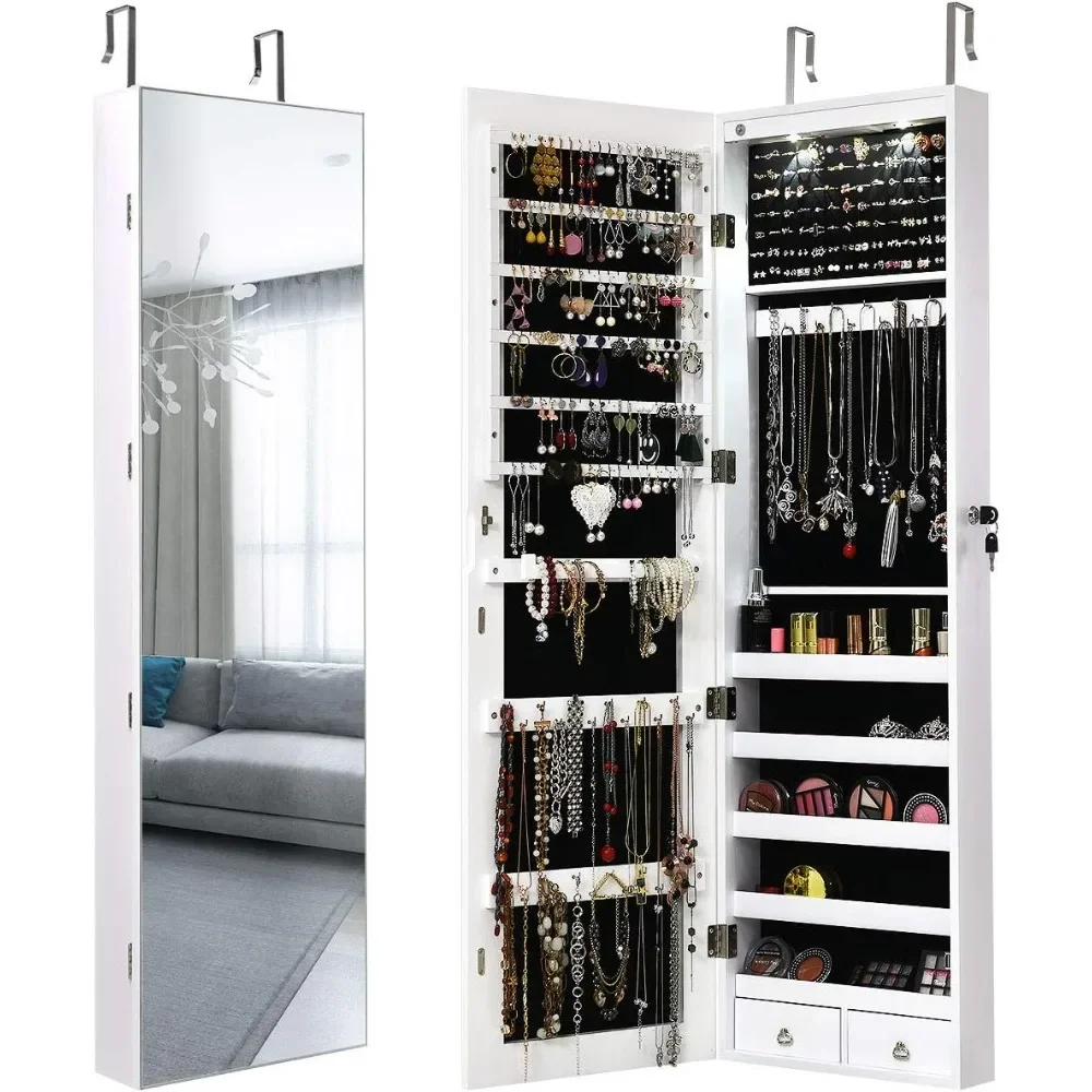 Wall Door Jewelry Armoire Cabinet with Full-Length Mirror, 2 LEDs Lockable Large Storage Jewelry Organizer